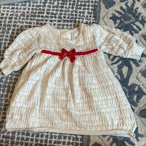 Janie and Jack Cream lace Knit Dress with Red Bow